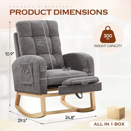 FFH Rocking Chair Nursery, Tufted Accent Rocker Chair, Upholstered Armchair with Adjustable Footrest, Side Pocket, High Backrest, Padded Seat, Polyester Blend (Retro, Dark Gray)