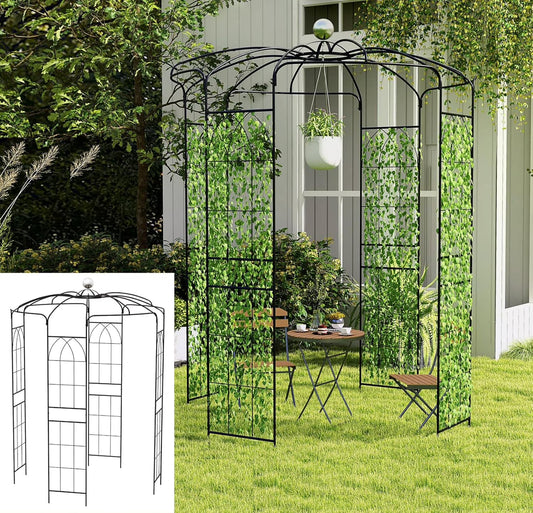 Moccha Birdcage Shape Gazebo, 9.4' H x 6.8' W Pergola Pavilion Arbor for Climbing Plants, French Style Arch Trellis with 8 Ground Stakes, Outdoor Metal Garden Arch for Wedding Party Decoration, Black