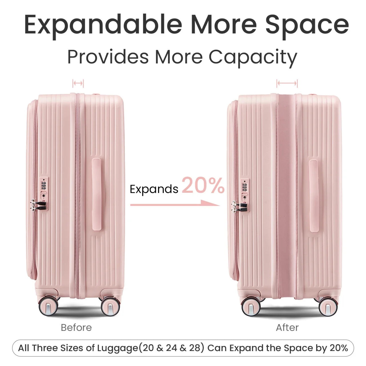 3 Piece luggage sets, Expandable Luggage 20/24/28 Inches with TSA Lock, PC Hardshell Luggage with Front Compartment, Airline Approved, Pink