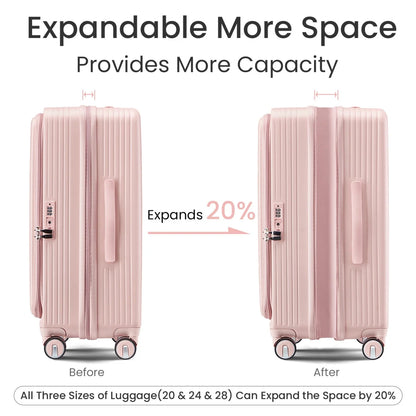 3 Piece luggage sets, Expandable Luggage 20/24/28 Inches with TSA Lock, PC Hardshell Luggage with Front Compartment, Airline Approved, Pink