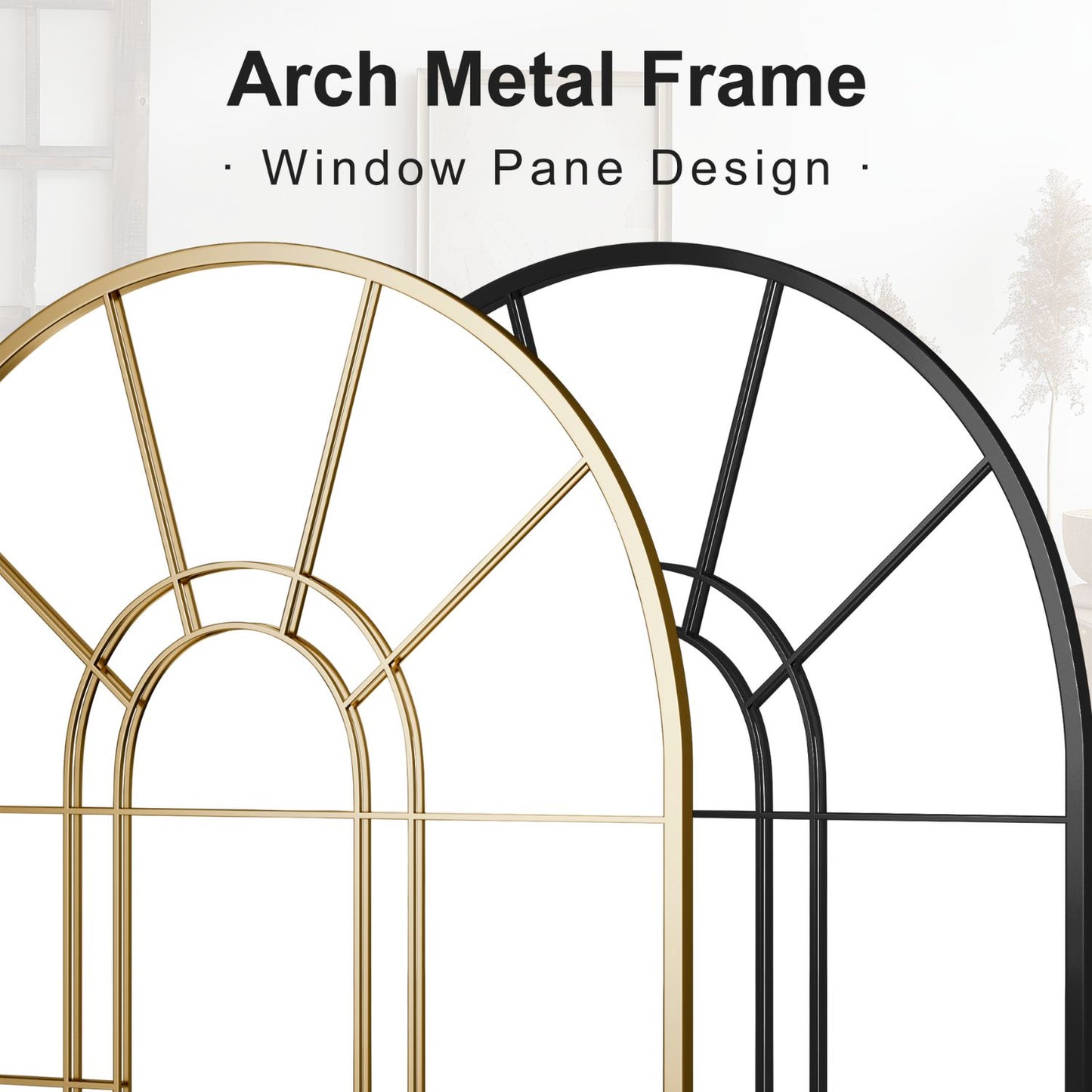 Lirago 42" x 28" Arched Decorative Mirror Metal Window Pane Wall Mirror, Gold