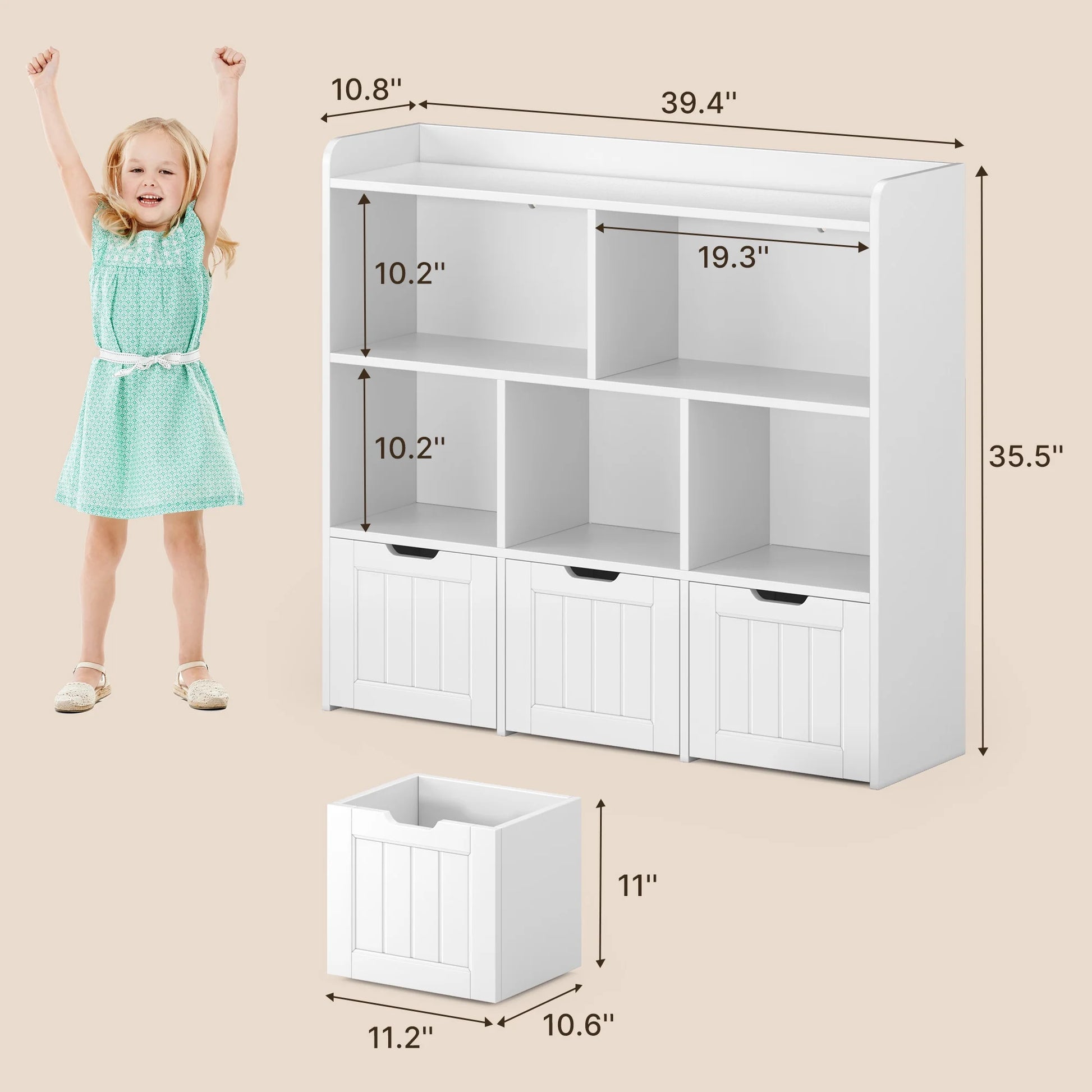 Kids Toy Storage Cabinet with 3 Movable Drawers and 6 Open Shelves, Noelse Kids Bookcase with Storage for Playroom Nursery Kids Room Organization, White