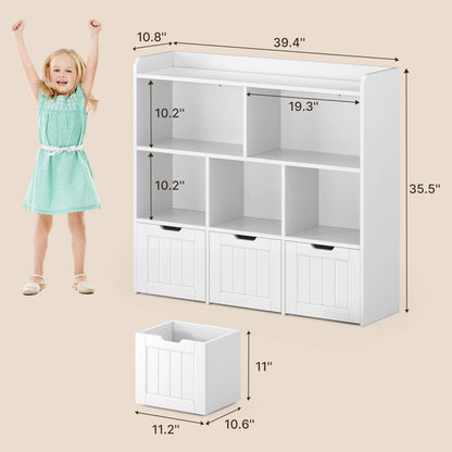 Kids Toy Storage Cabinet with 3 Movable Drawers and 6 Open Shelves, Noelse Kids Bookcase with Storage for Playroom Nursery Kids Room Organization, White