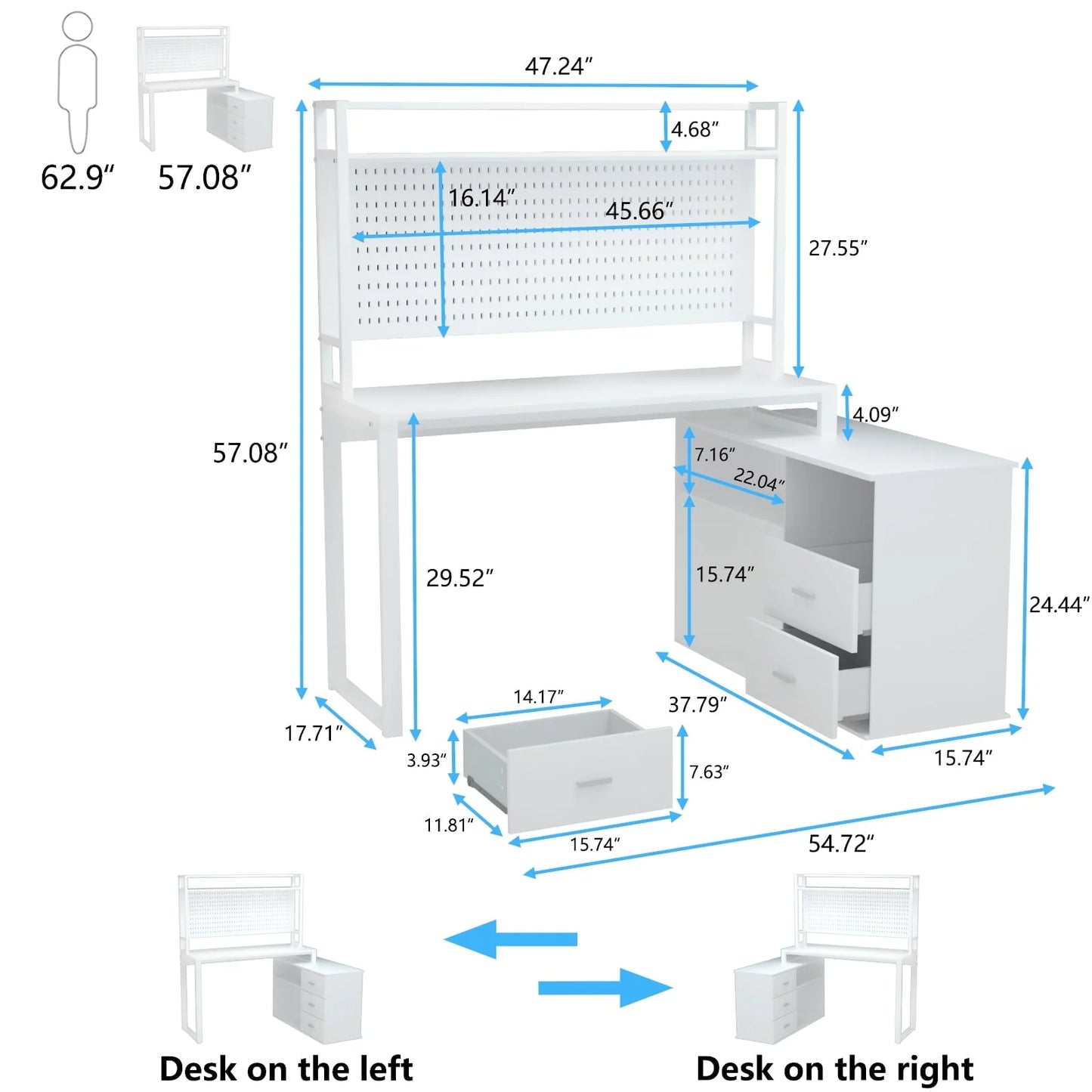 PAKASEPT 4 In 1 Home Office Computer Desk L Shaped Desk, Reversible Corner Desk with Drawers & Shelves & Pegboard, White Desk Study Writing Table for Home Office