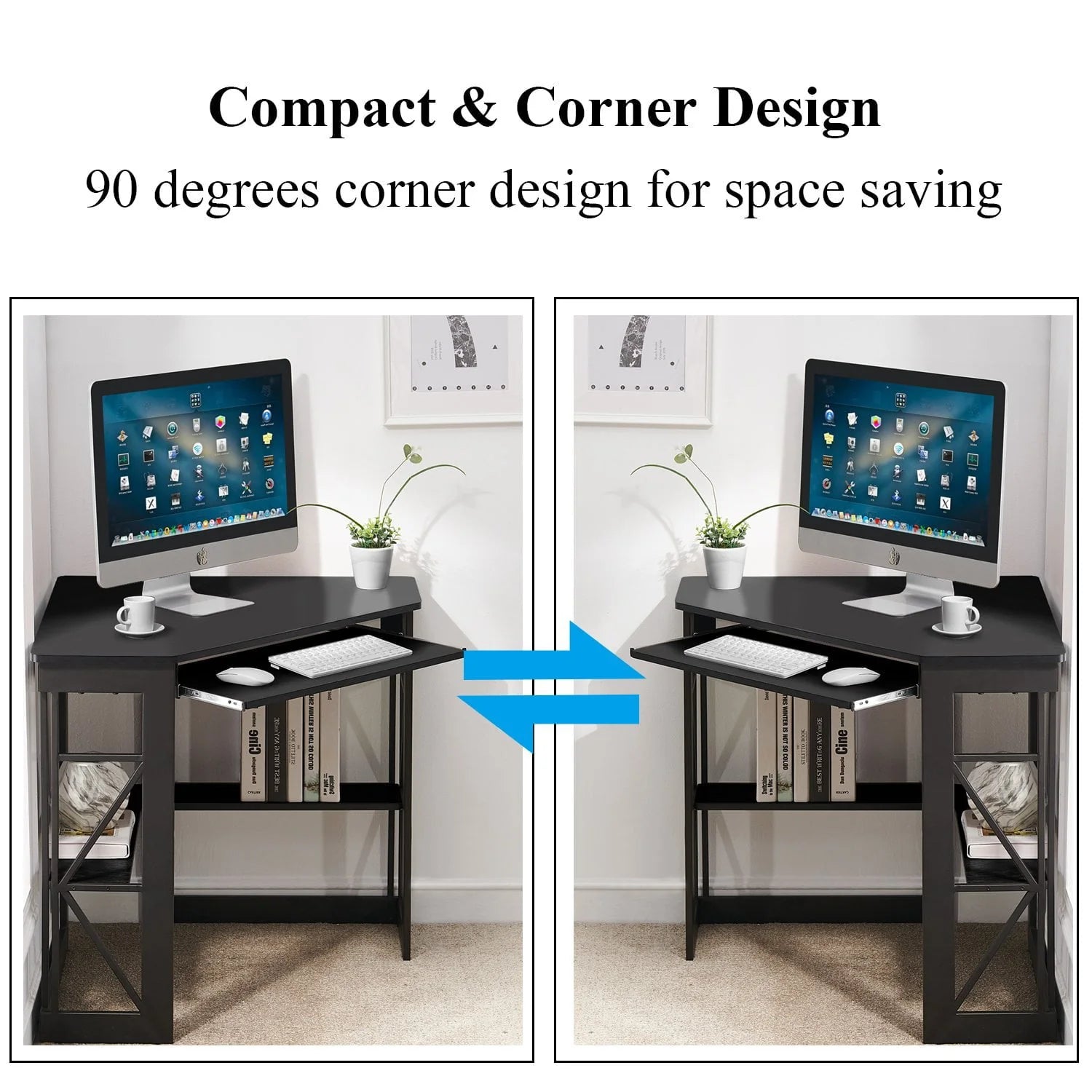 VECELO Corner Computer Desk with Keyboard Tray and Storage Shelf, Student Study Writting Table Workstation for College Dorm Apartment Home Office, Black (90 Degrees)