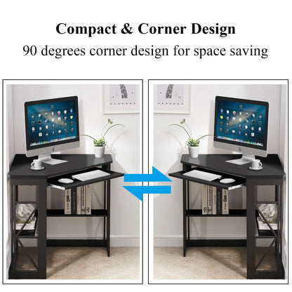 VECELO Corner Computer Desk with Keyboard Tray and Storage Shelf, Student Study Writting Table Workstation for College Dorm Apartment Home Office, Black (90 Degrees)