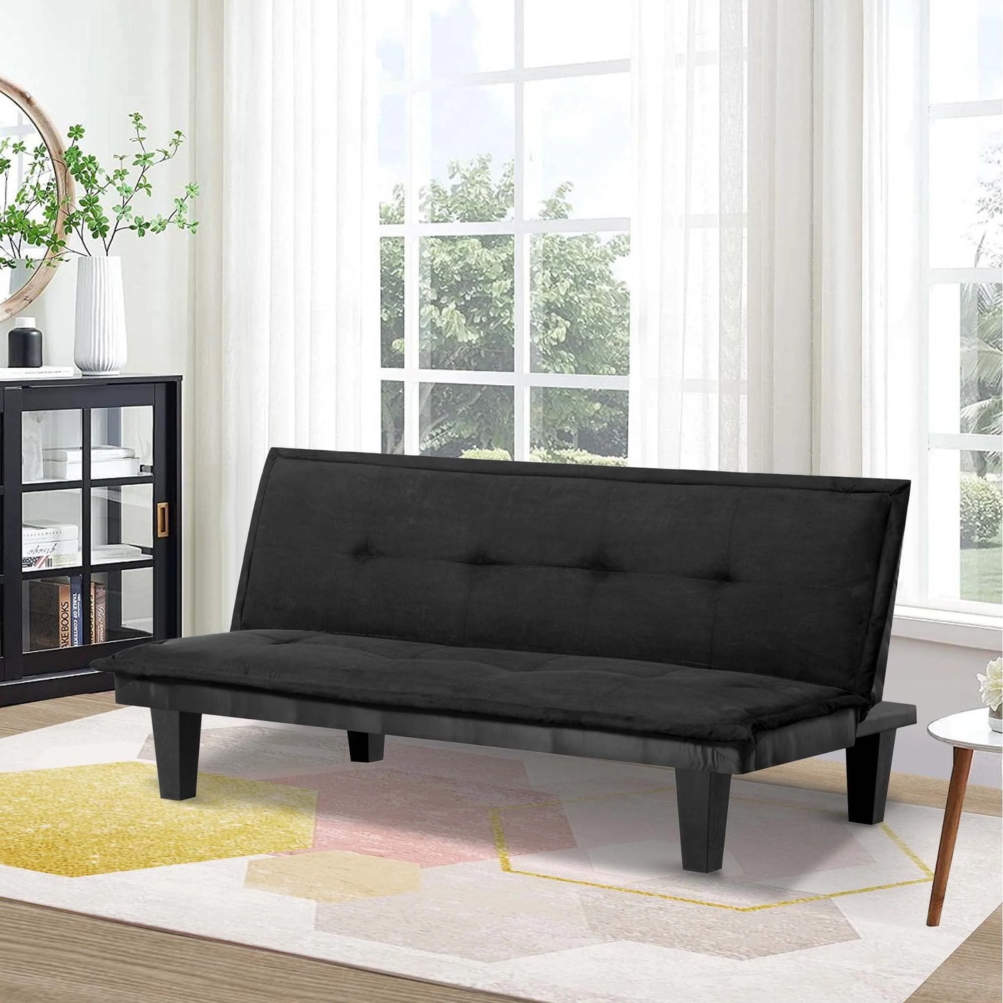 Aukfa Futon Convertible Sofa Bed for Home Office, Tufted Back, Faux Suede, Black