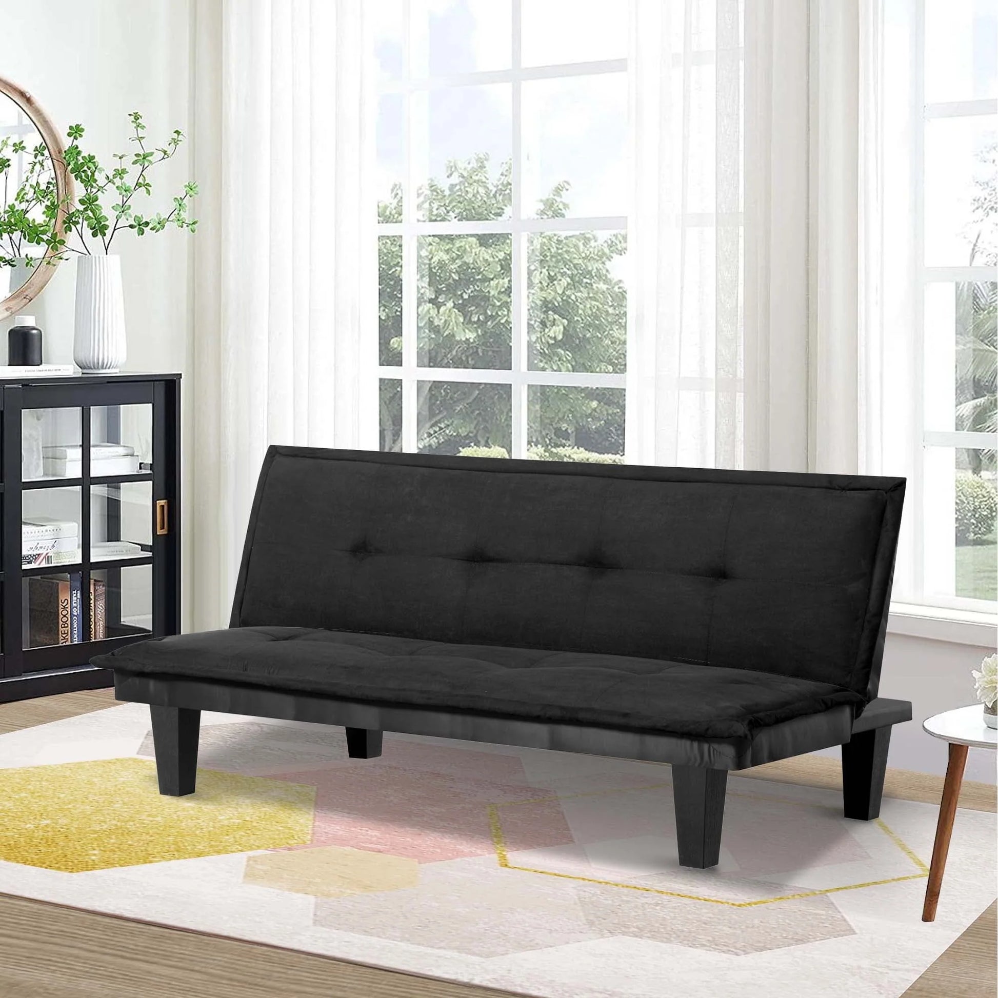 Aukfa Futon Convertible Sofa Bed for Home Office, Tufted Back, Faux Suede, Black
