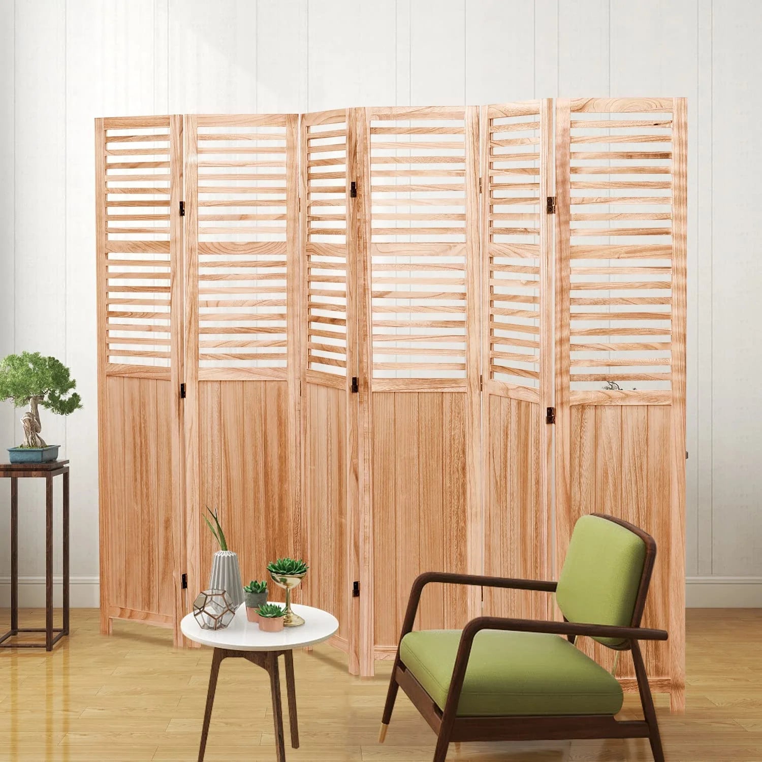 Privacy Screen 82.8'' W x 65'' H 6 - Panel Solid Wood Folding Room Divider, Natural,Outdoor Privacy Screen
