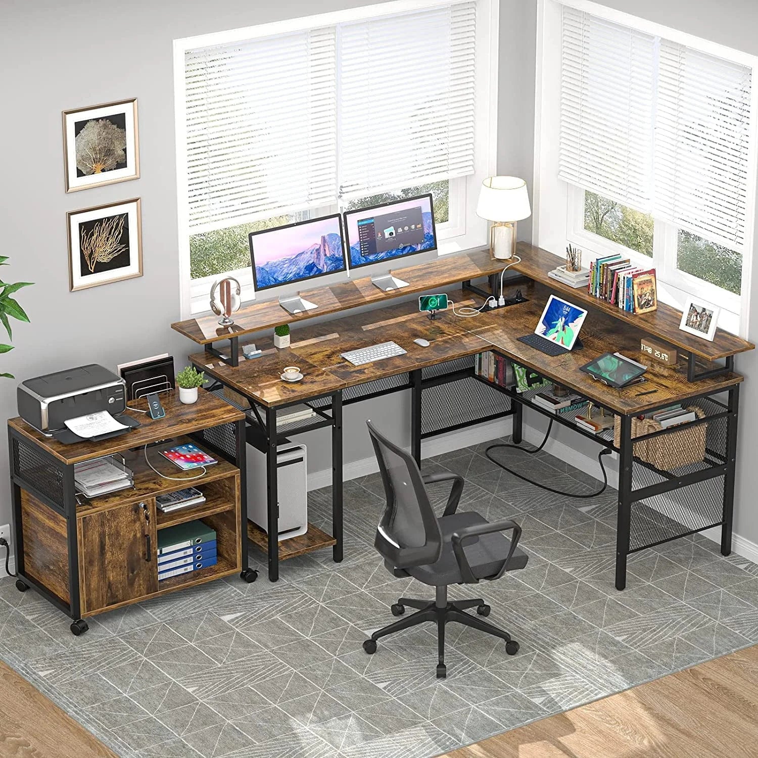 Homieasy L Shaped Desk with Power Outlets and LED Light, 55 inch Reversible L-Shaped Gaming Desk with Monitor Stand, Ergonomic Corner Computer Desk with Storage Shelf for Home Office, Rustic Brown