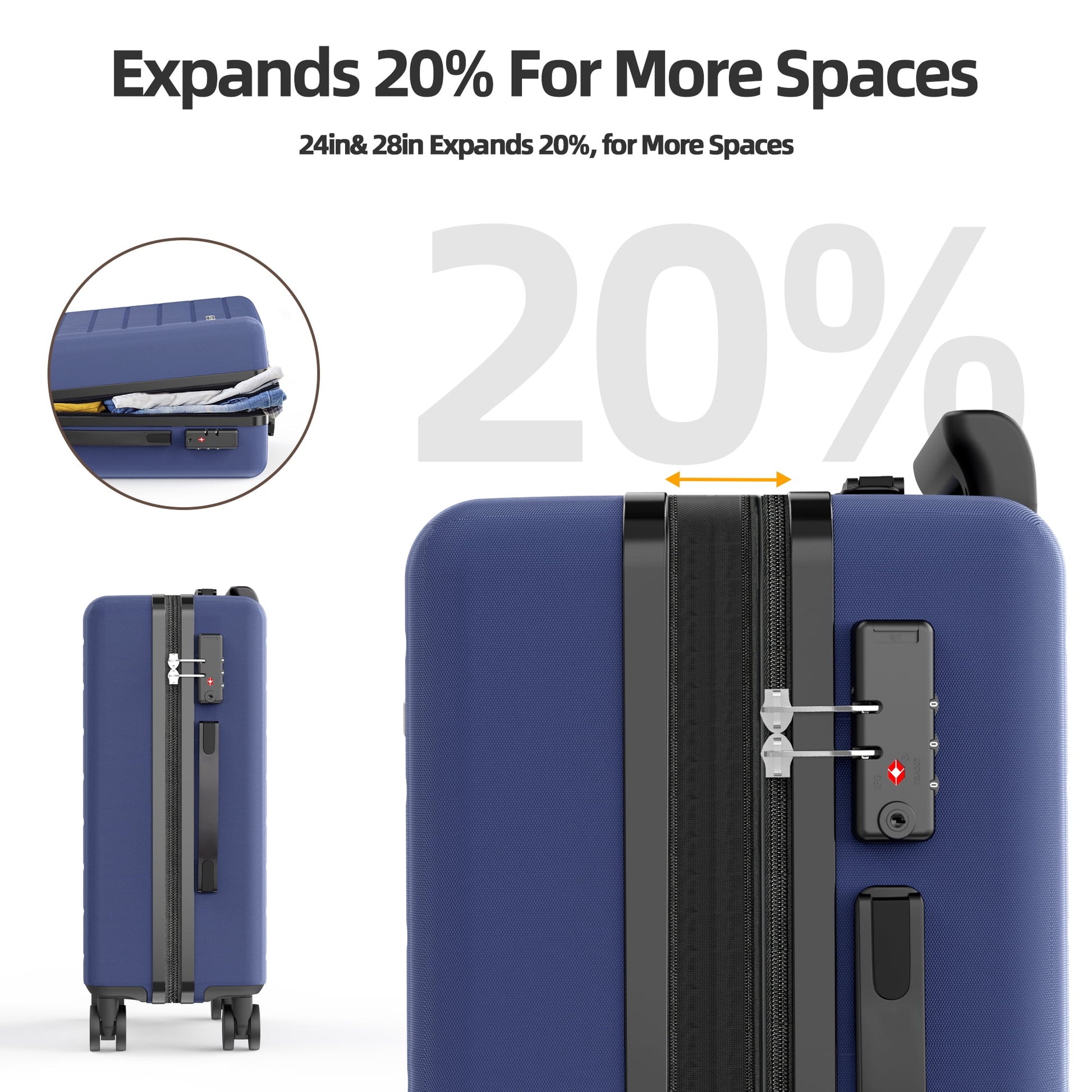 Sunbee 4 Piece Luggage Sets, Expandable Durable Hard Shell Suitcase Set Double Wheels TSA Lock, Blue