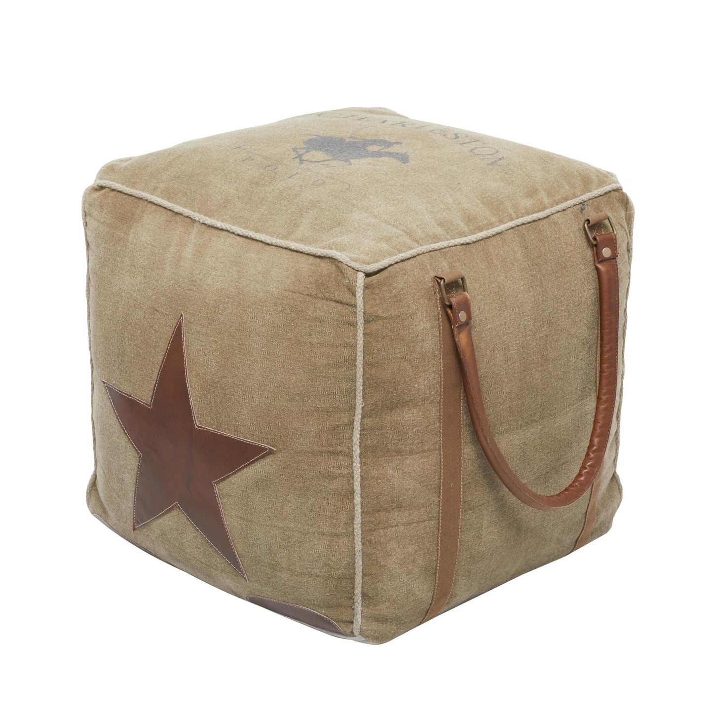 DecMode Rustic and Organic Square Ottoman Fabric Pouf features White Canvas and Brown Leather Handles with "Lonely Wolf" and Star Designs, 20"W x 19"H