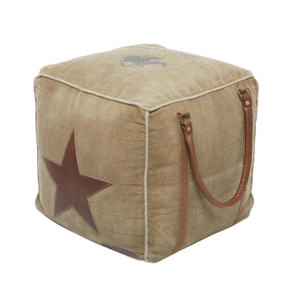 DecMode Rustic and Organic Square Ottoman Fabric Pouf features White Canvas and Brown Leather Handles with "Lonely Wolf" and Star Designs, 20"W x 19"H