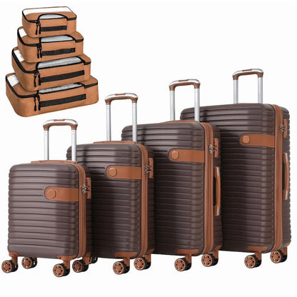 EBQOSK 4PCS Carry On Expandable Luggage Set with 4 Packing Cubes, 16/24/26/28 Inch Three-layer ABS Composite Suitcases with TSA Lock & 360° Spinner Wheels for Family Travel, Expand 25% Space Brown