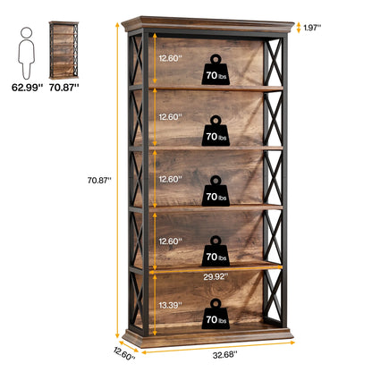 Fnova 71" 5-Tier Tall Bookshelf, Industrial Wood Bookcase with Metal Frame, Floor Standing Display Storage Shelves for Home Office, Living Room, Bedroom