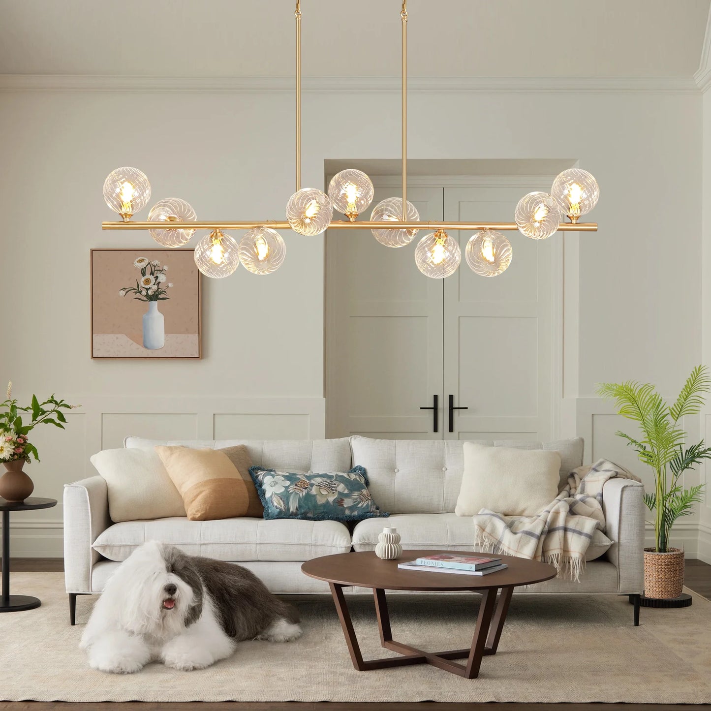Lzawvm Dining Room Light Fixture with Swirled Glass Globe Linear Chandelier for Dining Room 11-Lights Pendant Lights Kitchen Island for Living Room Sputnik Gold 51inch