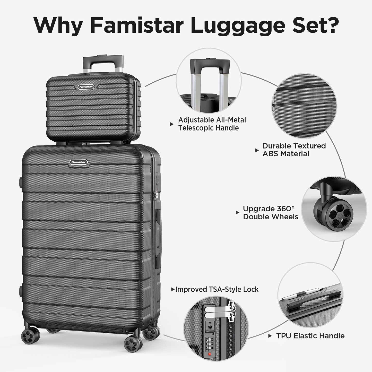 Famistar 11 Piece Hardside Luggage Suitcase Set with 360° Double Spinner Wheels TSA Style Lock, 14° Travel Case, 20" Carry-On Luggage, 24" Checked Luggage and 28" Checked Luggage, Black