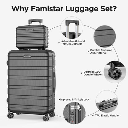 Famistar 11 Piece Hardside Luggage Suitcase Set with 360° Double Spinner Wheels TSA Style Lock, 14° Travel Case, 20" Carry-On Luggage, 24" Checked Luggage and 28" Checked Luggage, Black