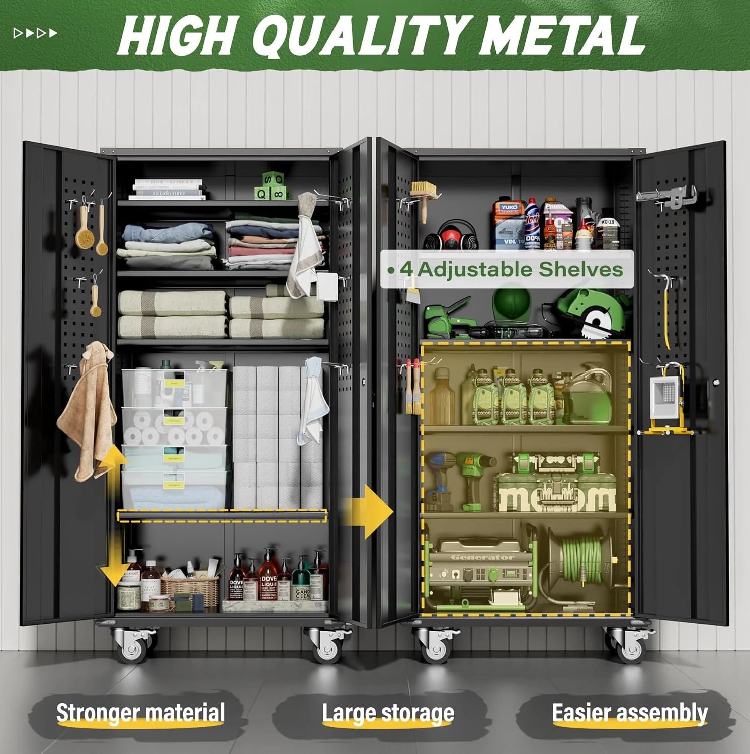SOLAURA Metal Storage Cabinet with Wheels and Pegboard, 72" Black Garage Rolling Cabinet with 4 Adjustable Shelves, Lockable Tool Storage Cabinets for Home Office