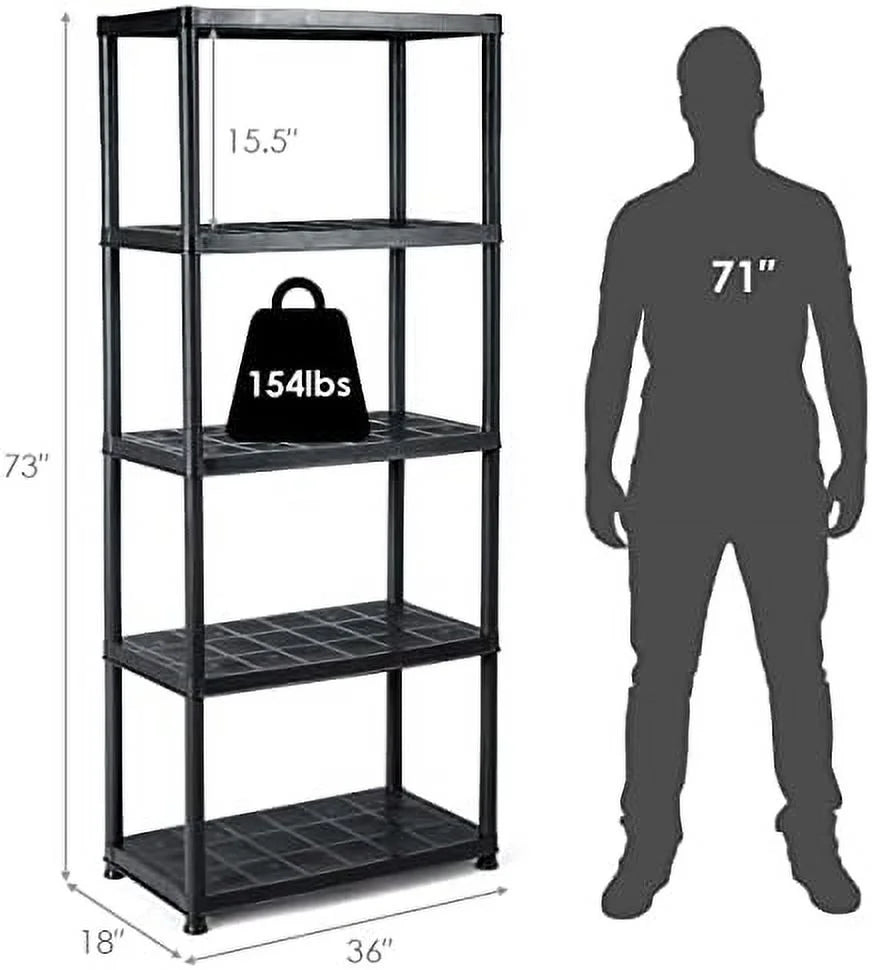 5 Tier Plastic Storage Shelves, Easy to Assemble Garage Rack, Multi-Use Free Standing Shelf Unit, Heavy Duty Shelving for Home Office, Black(2, 36° L X 18° W X 73° H)