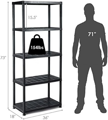 5 Tier Plastic Storage Shelves, Easy to Assemble Garage Rack, Multi-Use Free Standing Shelf Unit, Heavy Duty Shelving for Home Office, Black(2, 36° L X 18° W X 73° H)