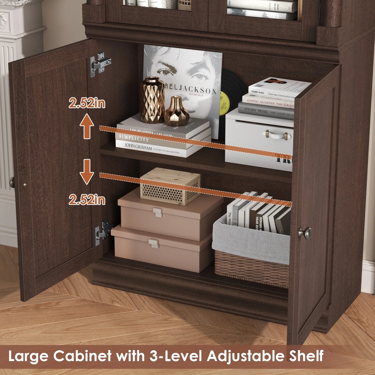 Homfa 71"H Bookcase with Glass Doors, 5 Tier Storage Bookshelf with Adjustable Shelf for Study Home Office,Reddish-Brown