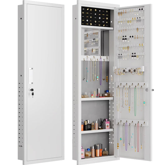 Mirror Jewelry Cabinet, 47.24" Tall Wall Mounted Jewelry Cabinet with Mirror and Light, Large Jewelry Armoire Organizer, Jewelry Storage with Lock & Adjustable Shelves (White