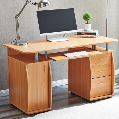 Ktaxon Brown Computer PC Desk Home Office Study Writing Table 3 Drawers Bookcase