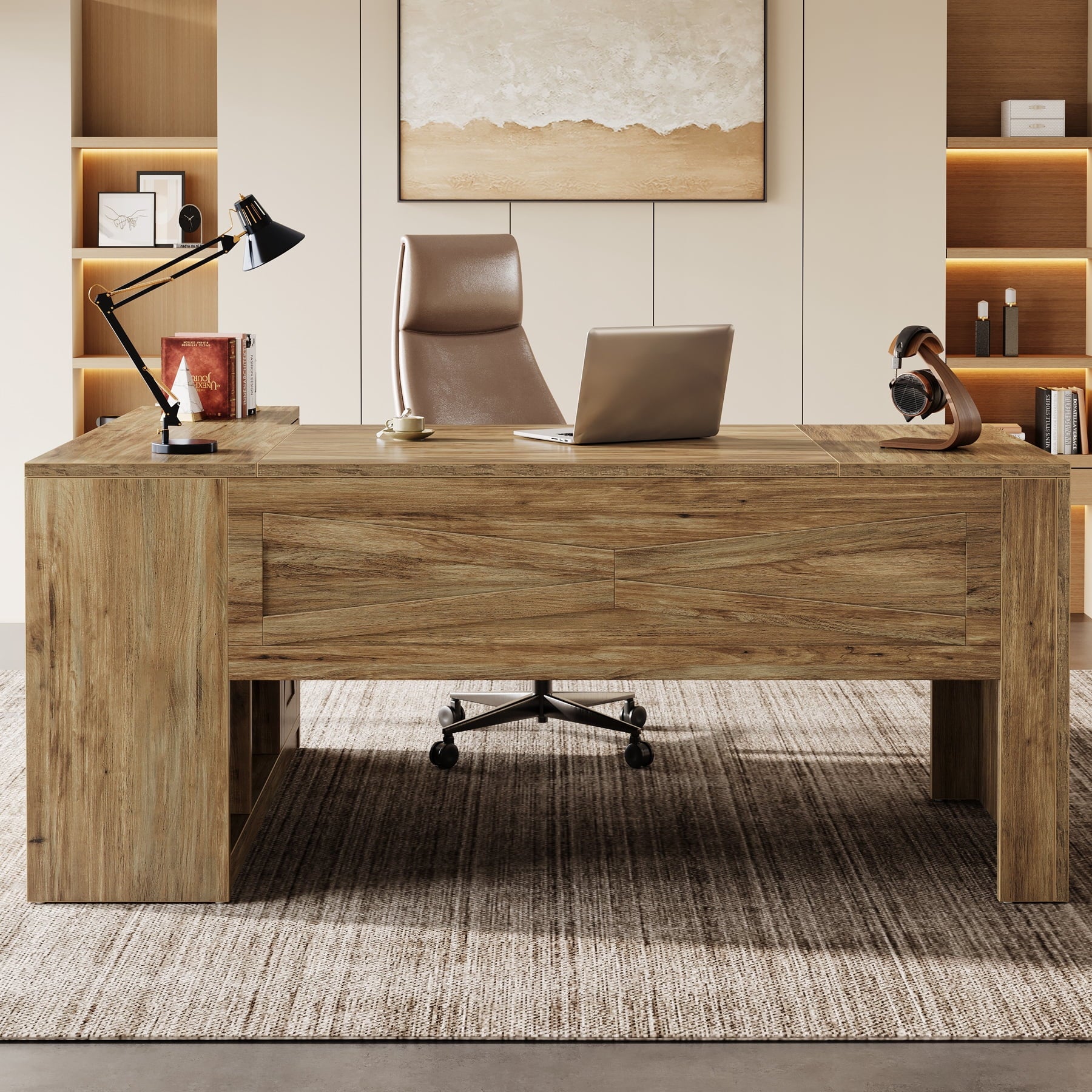 Tribesigns 70.8" L-Shaped Executive Desk, Large Computer Table with Storage Cabinet, Modern Business Furniture with Shelves, Wooden Farmhouse Workstation for Home Office (Rustic Brown)
