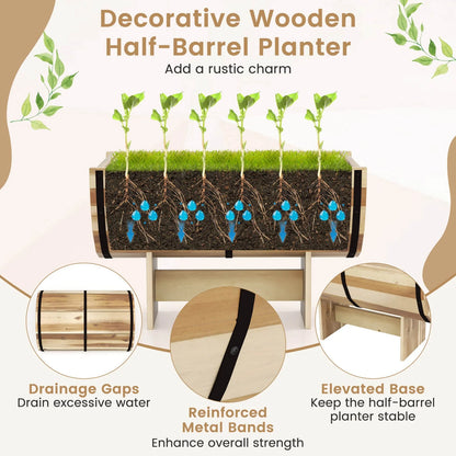YJETYH Natural Wooden Planter Boxes, 2-Pack 18"x12"x11.5" Acacia Wood & Metal Half Whiskey Barrel Planters, 0.7 Gal Capacity for Indoor & Outdoor