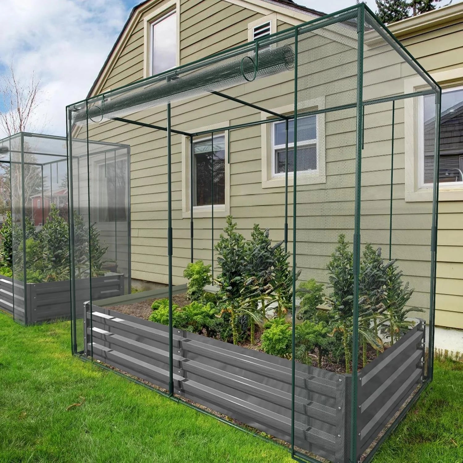 Slsy Galvanized Raised Garden Bed Kit w/Crop Cage Anti-Bird Netting Mesh Cover, 71" x 35.4" x 59" Large Metal Outdoor Planter Garden Boxes w/2 Roll-Up Zippered Doors, for Vegetables Herbs Flowers