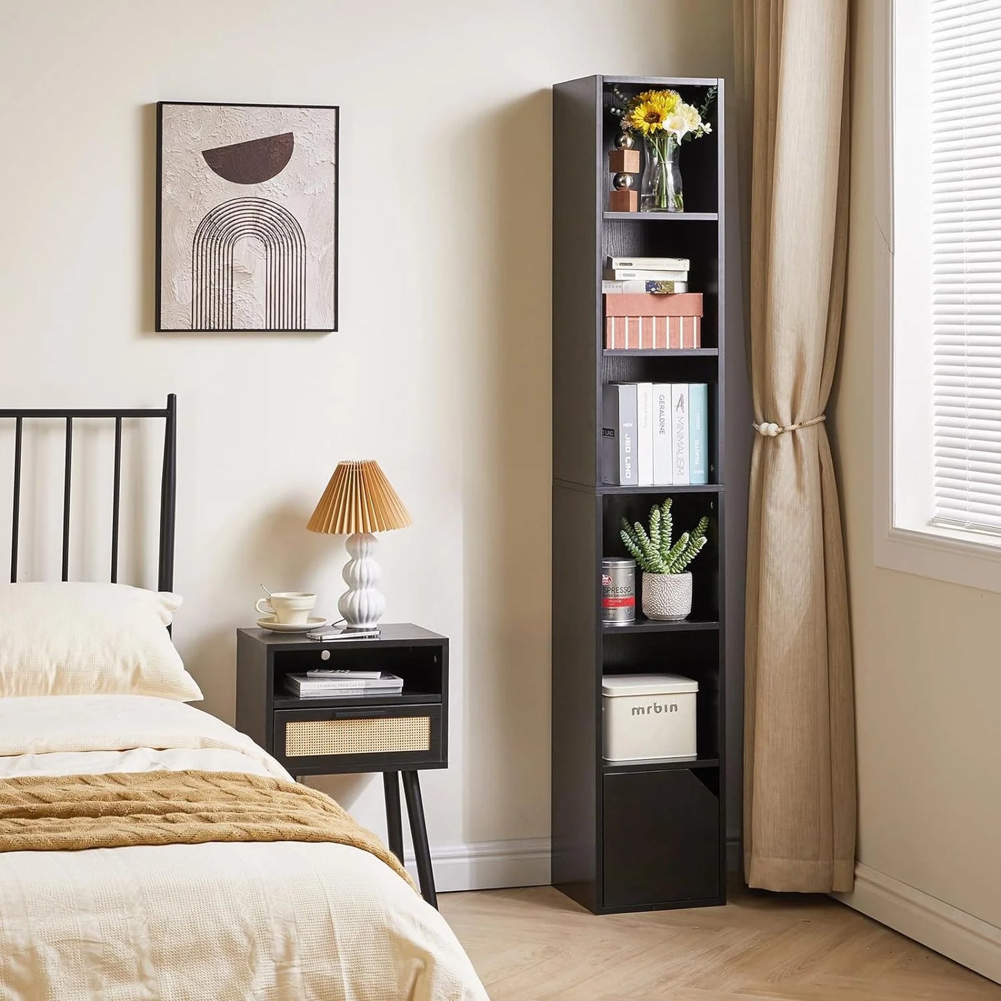 6 Tier Narrow Bookcase with Doors, Cube CD DVD Storage Cabinet,Slim Media Tower Rack,Cabinet,Black Bookcase Display Storage Shelves for Small Spaces,for Home Office Black