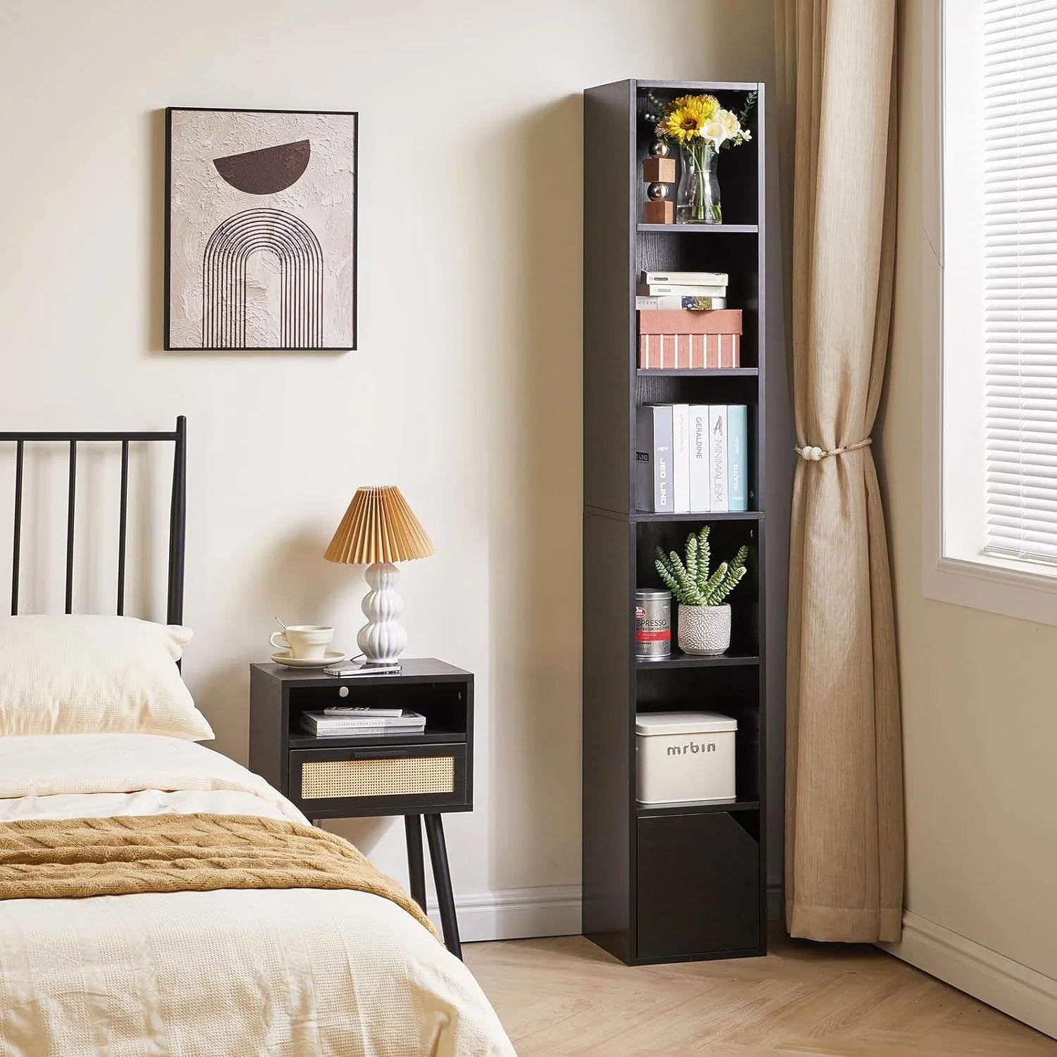 6 Tier Narrow Bookcase with Doors, Cube CD DVD Storage Cabinet,Slim Media Tower Rack,Cabinet,Black Bookcase Display Storage Shelves for Small Spaces,for Home Office Black