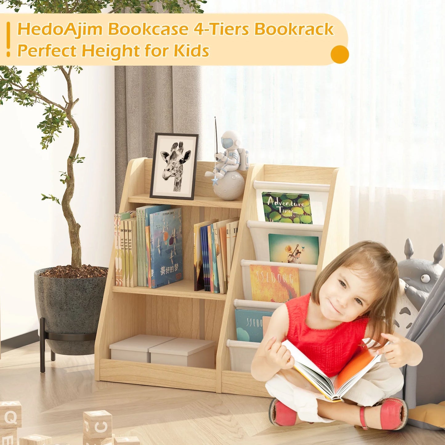 Hironpal Small 3 Tier Kids Bookshelf with 4 Layer Sling Adjustable Book Display Shelf for Nursery Playroom Kids Baby Bedroom