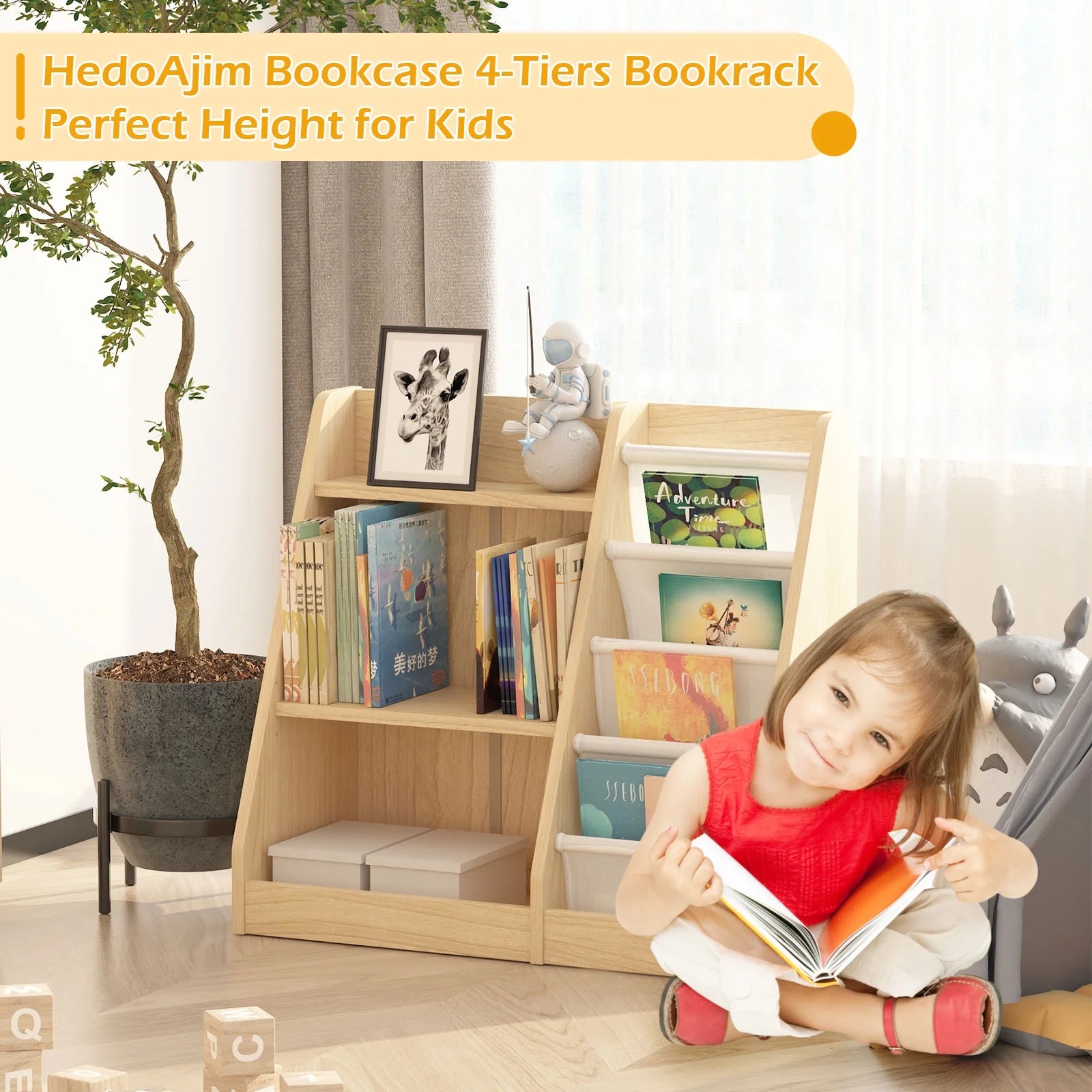 Hironpal Small 3 Tier Kids Bookshelf with 4 Layer Sling Adjustable Book Display Shelf for Nursery Playroom Kids Baby Bedroom