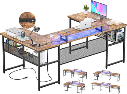 Homieasy U Shaped Desk with Power Outlet and LED Strips, 129.9'' Ergonomic L-Shaped Gaming Desk with Monitor Stand, Reversible Corner Computer Desk with Storage Shelf for Home Office, White Oak