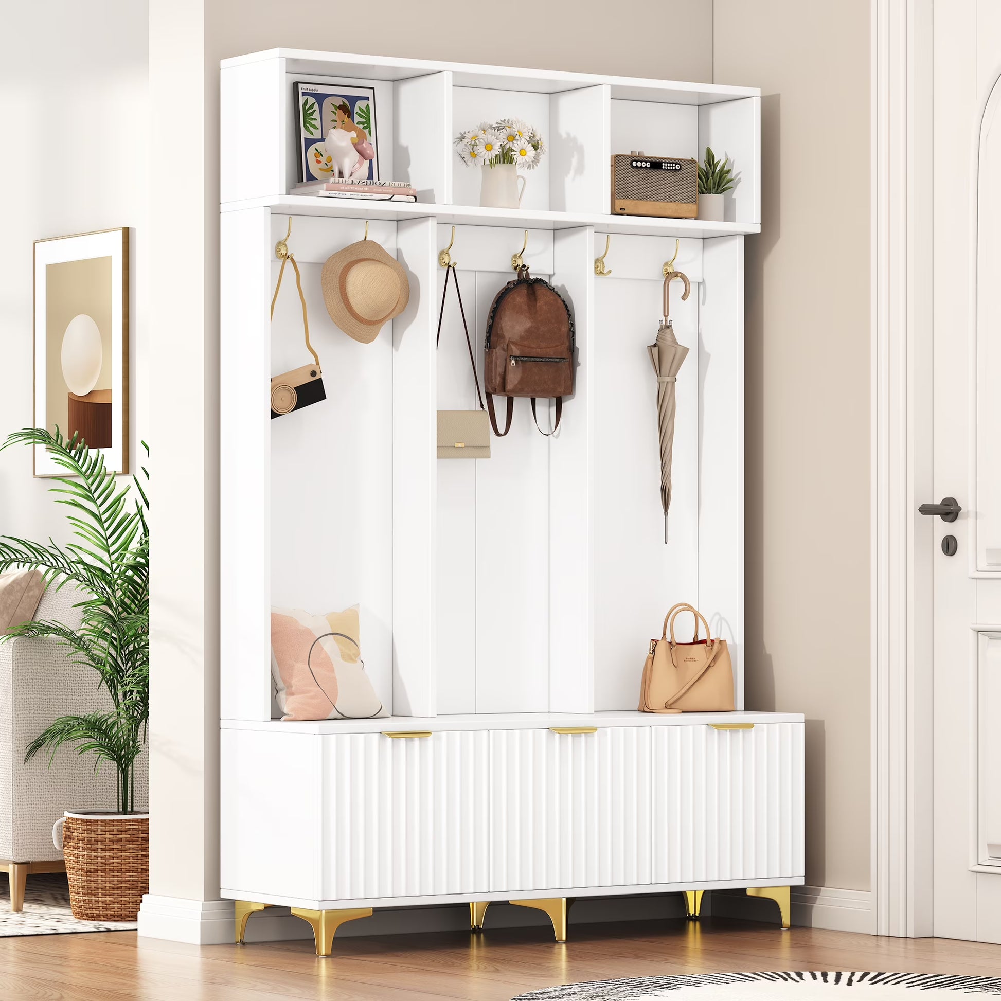 Euroco Modern Hall Tree with High Gloss Fluted Doors, Gold Accents, Shoe Storage & Bench - Entryway Organizer with Cubbies and Coat Hooks