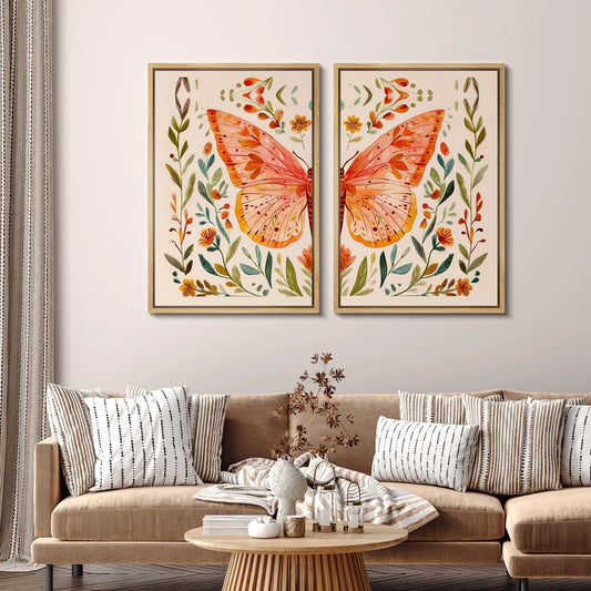 IDEA4WALL Framed Canvas Print Wall Art Set Whimsical Butterfly and Florals Illustration Abstract Botanical Boho Modern Art Wall Decor Colorful Chic Artwork for Home Decor - Natural 24"x36"x2