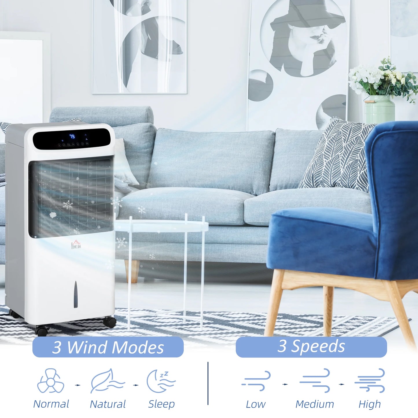 HOMCOM 32" Evaporative Air Cooler with 3.2 Gal Water Tank, 60° Oscillating, 3-In-1 Ice Cooling Fan, Portable Swamp Cooler with Humidifier for Home Office, 3 Modes, 3 Speeds, 12H Timer, Remote, White