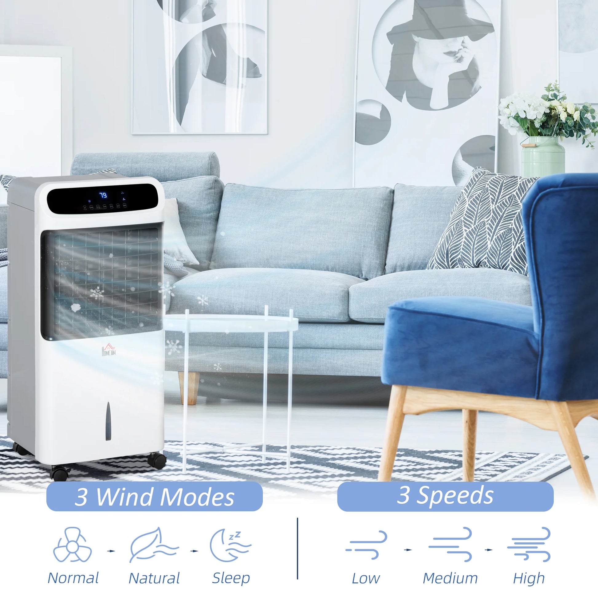 HOMCOM 32" Evaporative Air Cooler with 3.2 Gal Water Tank, 60° Oscillating, 3-In-1 Ice Cooling Fan, Portable Swamp Cooler with Humidifier for Home Office, 3 Modes, 3 Speeds, 12H Timer, Remote, White