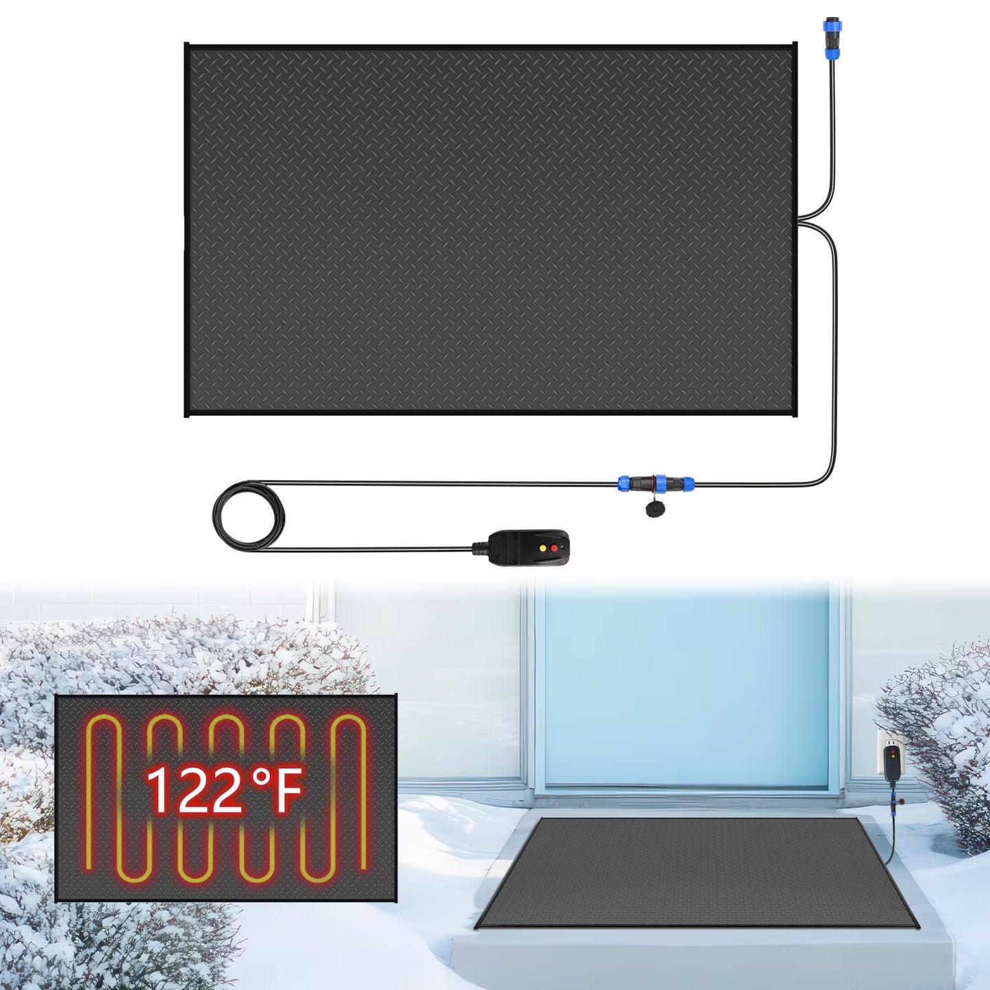 Slsy Snow Melting Mat, 20 x 30 inch, 3 in/h Melting Speed, Heated Outdoor Mats for Winter Walkway, No-Slip Rubber w/Plug & Power Cord