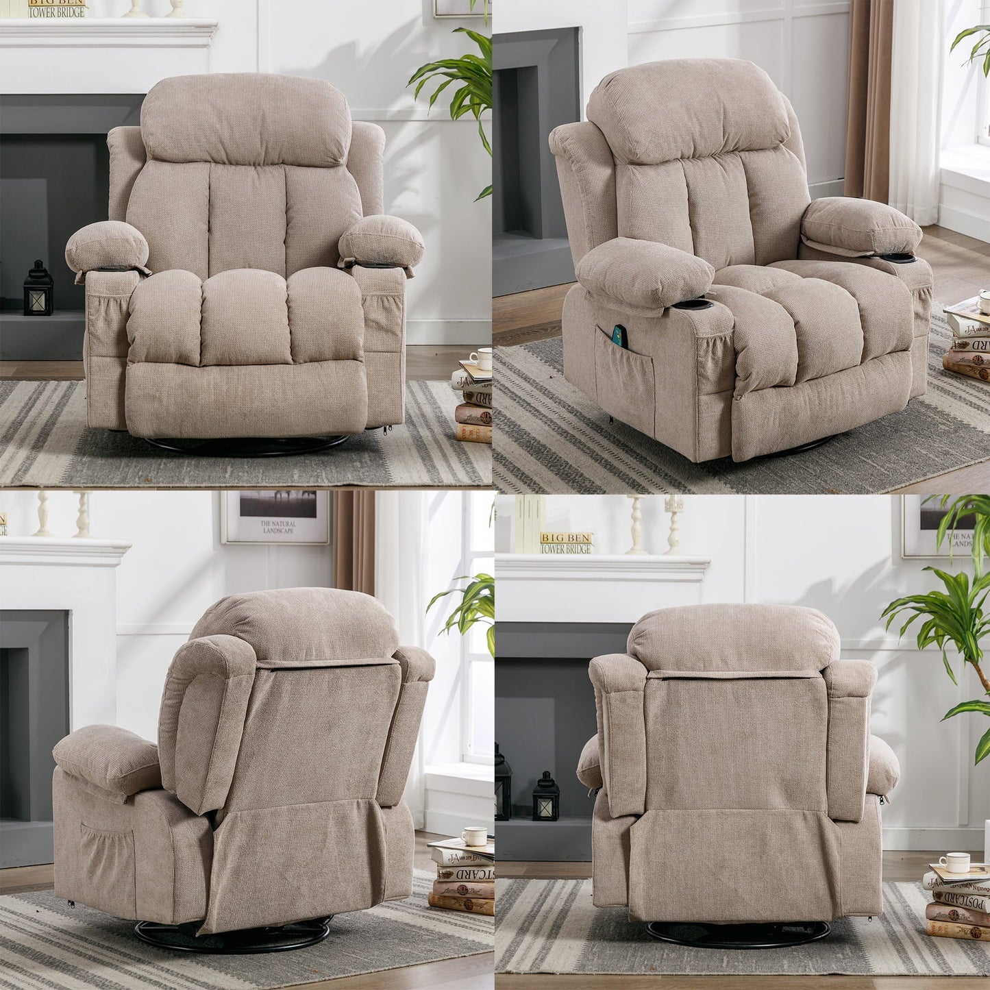 SYNGAR Manual Recliner Chair with Heat and Massage Function, Fabric Upholstery Recliner for Home Living Room Bedroom Nursery, Swivel Rocker Sofa Chair with USB Port and 2 Cup Holders, Beige