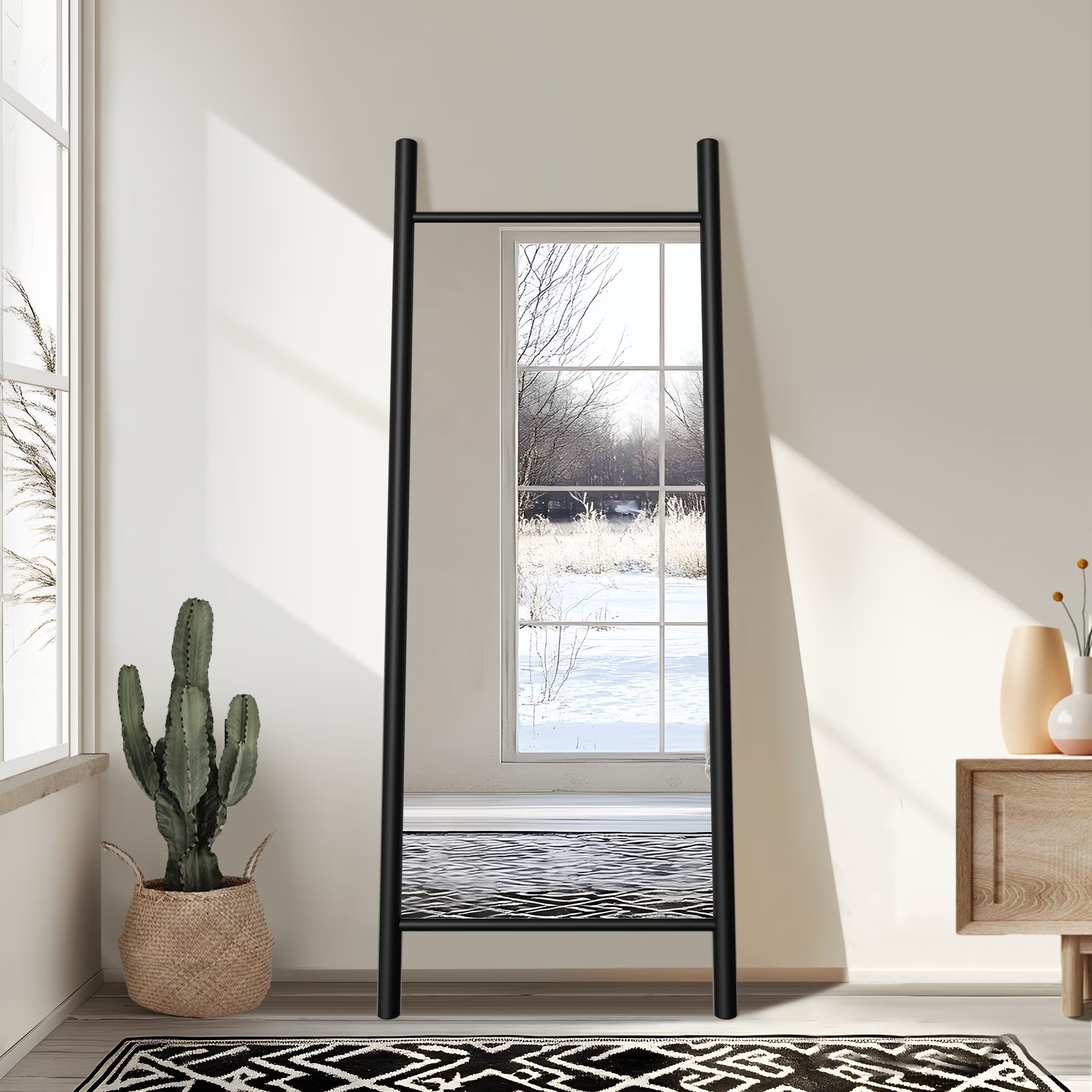 63"x24" Wood Full Length Mirror Ladder Rectangle Floor Mirror, Black