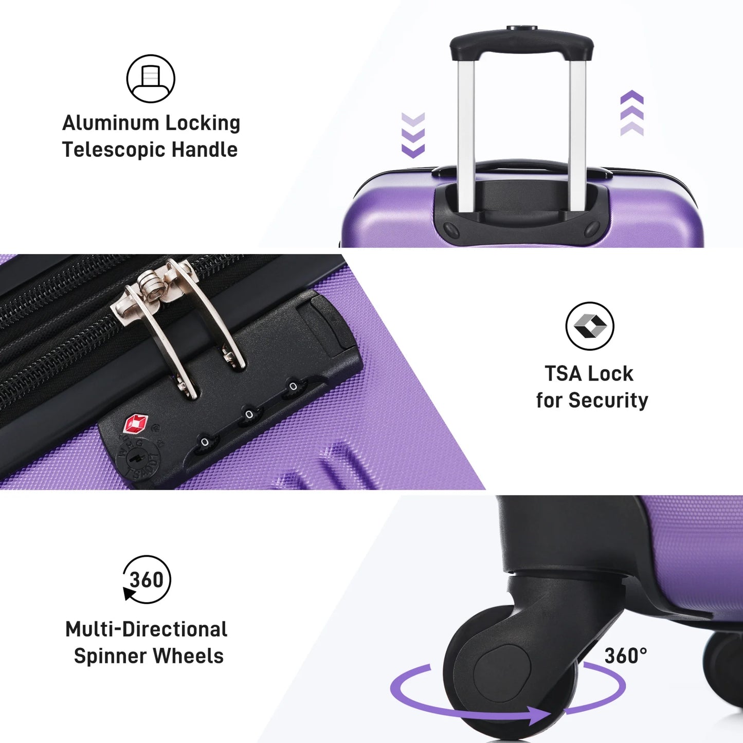 3 Piece ABS Luggage Set, Luggage with Spinner Wheel & TSA 20/24/28 inch, Purple