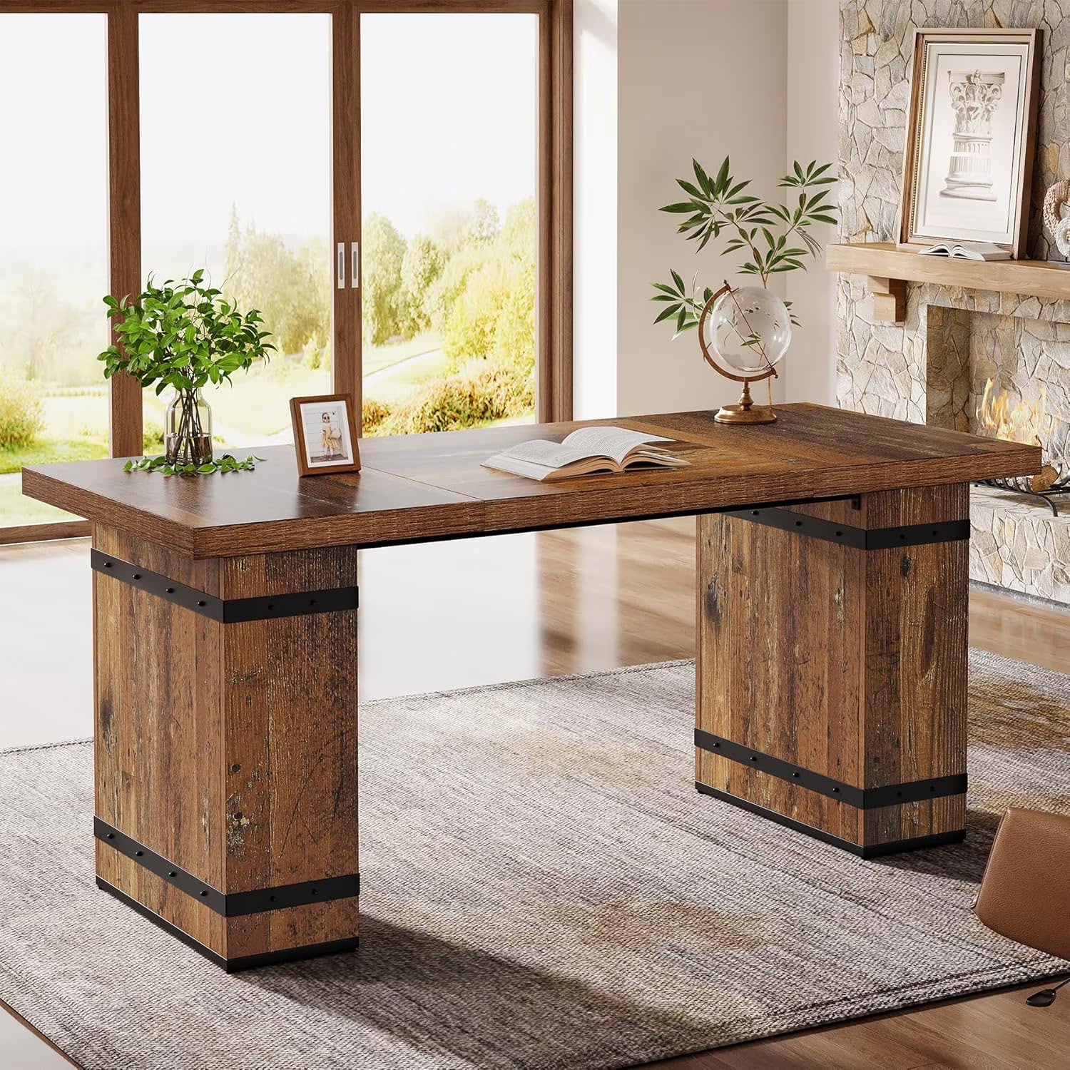 63-Inch Farmhouse Executive Desk, Large Business Workstation Table for Home Office, Mix-Brown