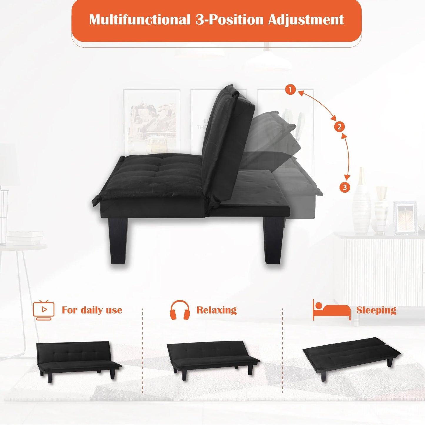 Aukfa Futon Convertible Sofa Bed for Home Office, Tufted Back, Faux Suede, Black