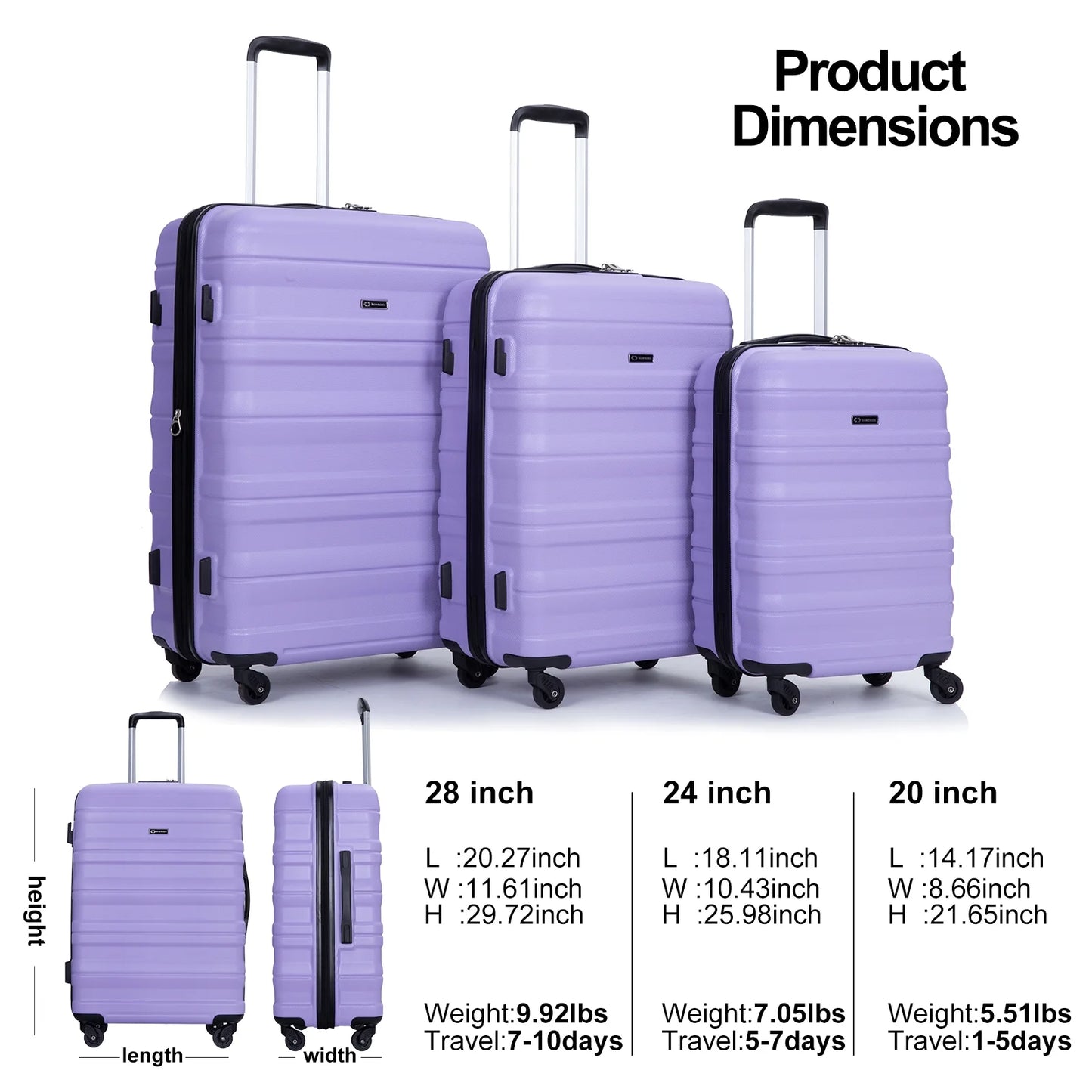 Tripcomp Hardside Luggage Set 3-Piece Set (21/25/29) Lightweight Suitcase 4-Wheeled Suitcase Set(Purple)