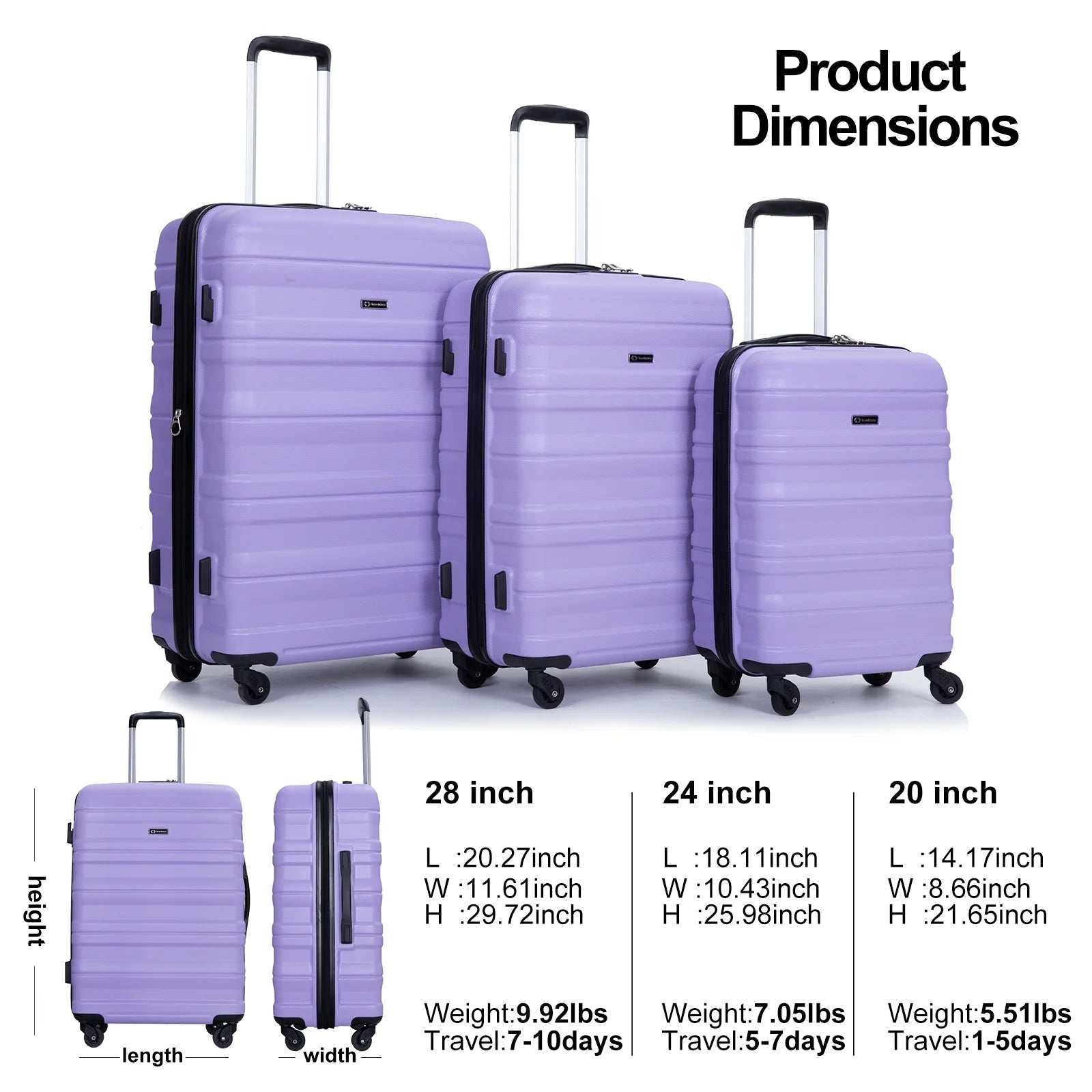 Tripcomp Hardside Luggage Set 3-Piece Set (21/25/29) Lightweight Suitcase 4-Wheeled Suitcase Set(Purple)