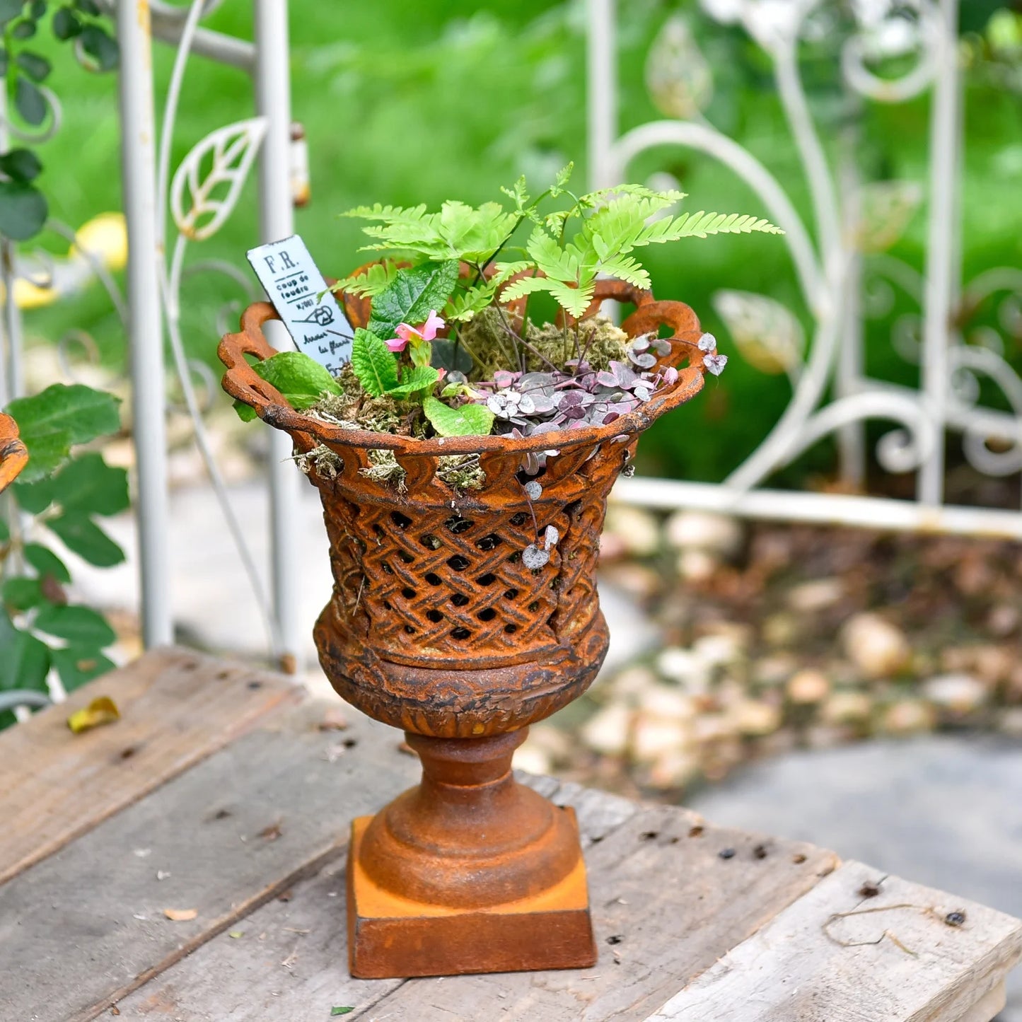 Sungmor Heavy Duty Cast Iron Urn Planter, Beautiful Hollow Trophy Design Tall Orchid Flower Pot, Large Decorative Plastic Flowers Plants Bouquets Vase, Rustic French Country Pot for Home or Garden