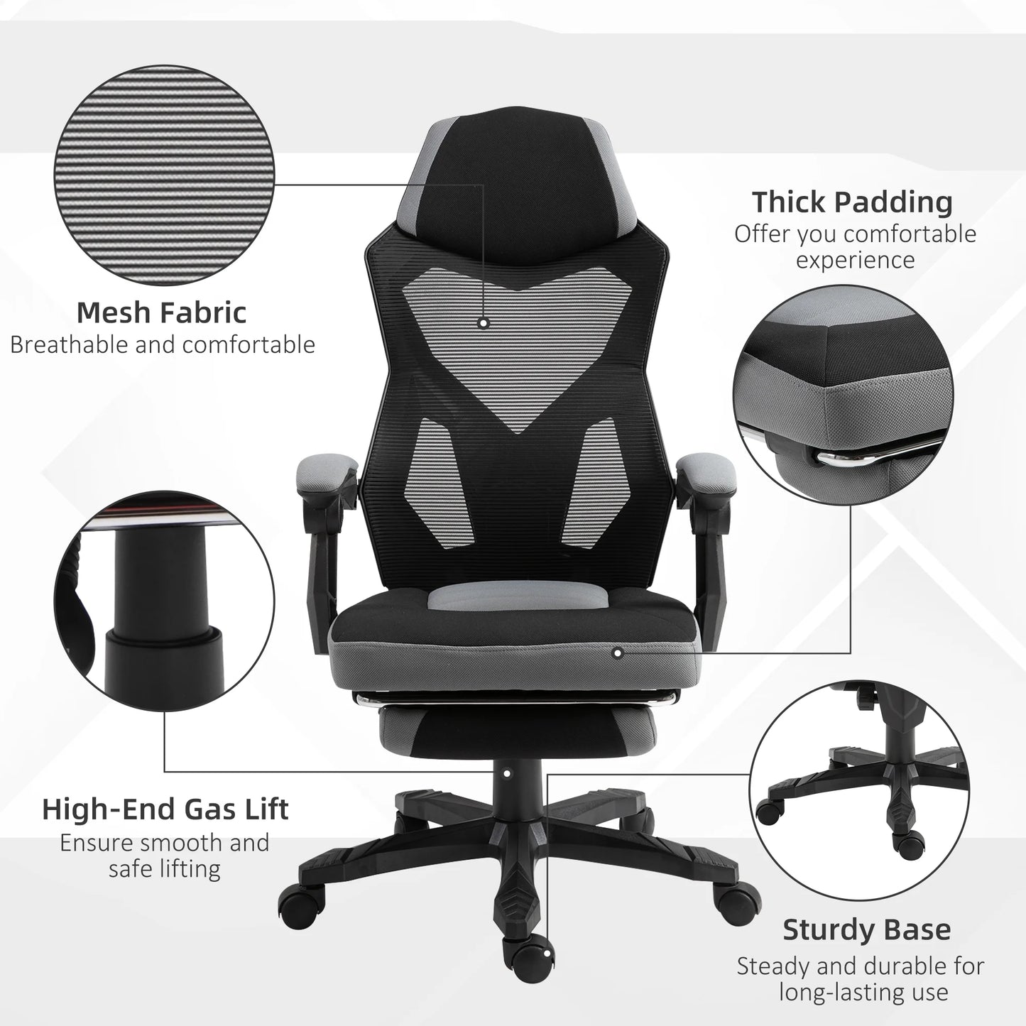 Vinsetto Ergonomic Home Office Chair High Back Armchair Computer Desk Recliner with Footrest, Mesh Back, Lumbar Support and Wheels, Gray